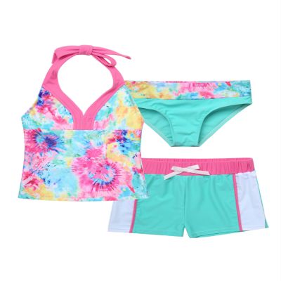 Loloda 3Pcs Girls' Tankini Swimsuits Halter Backless Tops with Shorts Bottoms Beach Sport Bathing Suit Colorful 4 Years