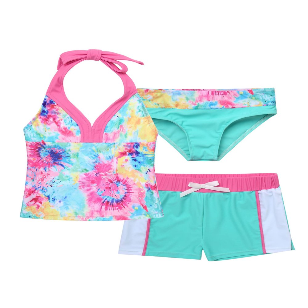 Loloda 3Pcs Girls' Tankini Swimsuits Halter Backless Tops with Shorts Bottoms Beach Sport Bathing Suit Colorful 4 Years
