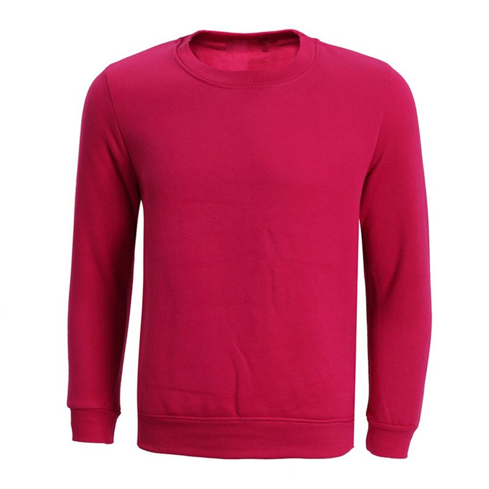 Men's Solid Color Round Neck Sweater Simple And Versatile Long-Sleeved Pullover T-Shirt Thickened Plus Velvet Top (Rose Red,Small)