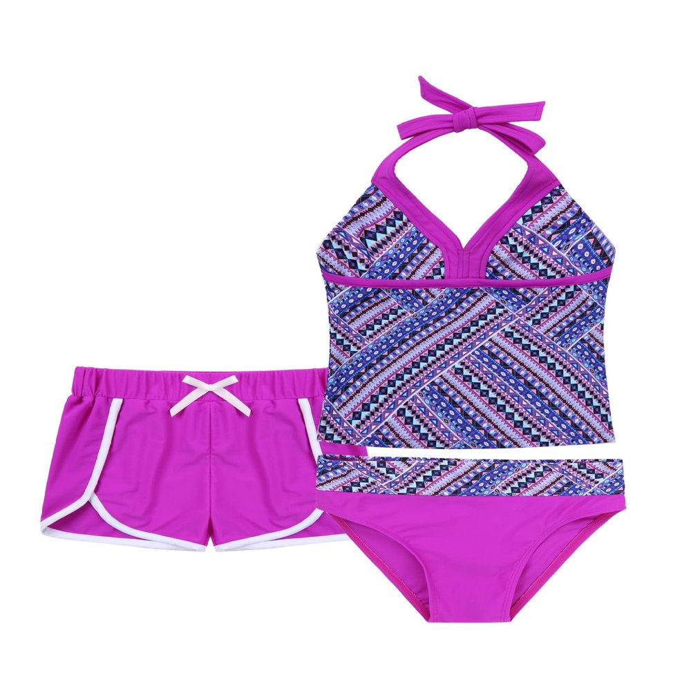 Loloda Little Girls' Summer Tankini Swimsuit 3 Piece Rash Guard Set Swimwear Quick Dry Bathing Suit 2#Purple 6 Years