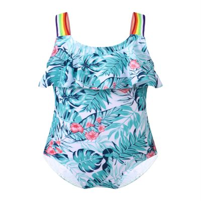 Daenrui Kids Girls One Piece Bathing Suit Rainbow Straps Ruffle Swimwear Hawaiian Beach Floral Swimsuit Turquoise 8 Years