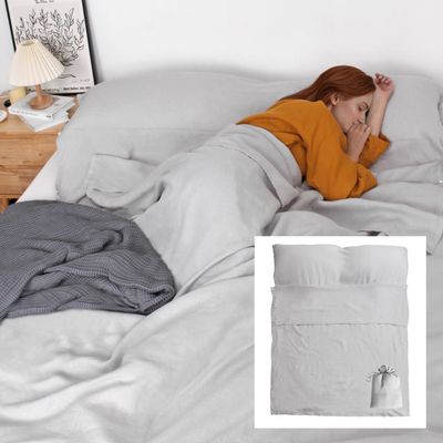 S VICTORY SYMBOL 100% Linen Portable Bed Sheet,Sleeping Bag Liner for Hotel and Travel,Sleep Sack Adult-Ultra Lightweight Backpacking with Zipper,Queen Size Light Grey