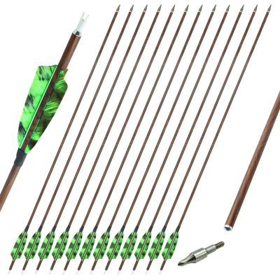 29 inch Archery Carbon Arrows Hunting Arrows Target Arrows 12 PCS Real Feather vanes and Removable Tips Spine 400 500 600 for Compound Bows Recurve Bows Long Bows (Green,Spine 500)