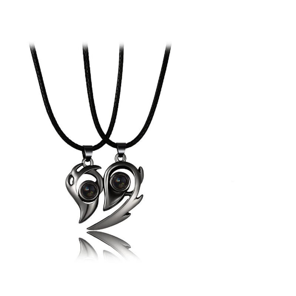 COLORFUL BLING 2Pcs Love Heart Matching Pendant Necklace Set 100 Languages I Love You Sun and Moon for Him and Her Couple Best Friends Promise Projection Jewelry-Black B