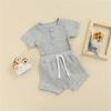 Ayalinggo Newborn Baby Girl Boy Clothes Solid Ribbed Short Sleeve Button Shirt Romper Shorts Set Summer Outfits (Grey,0-6 Months) view 3