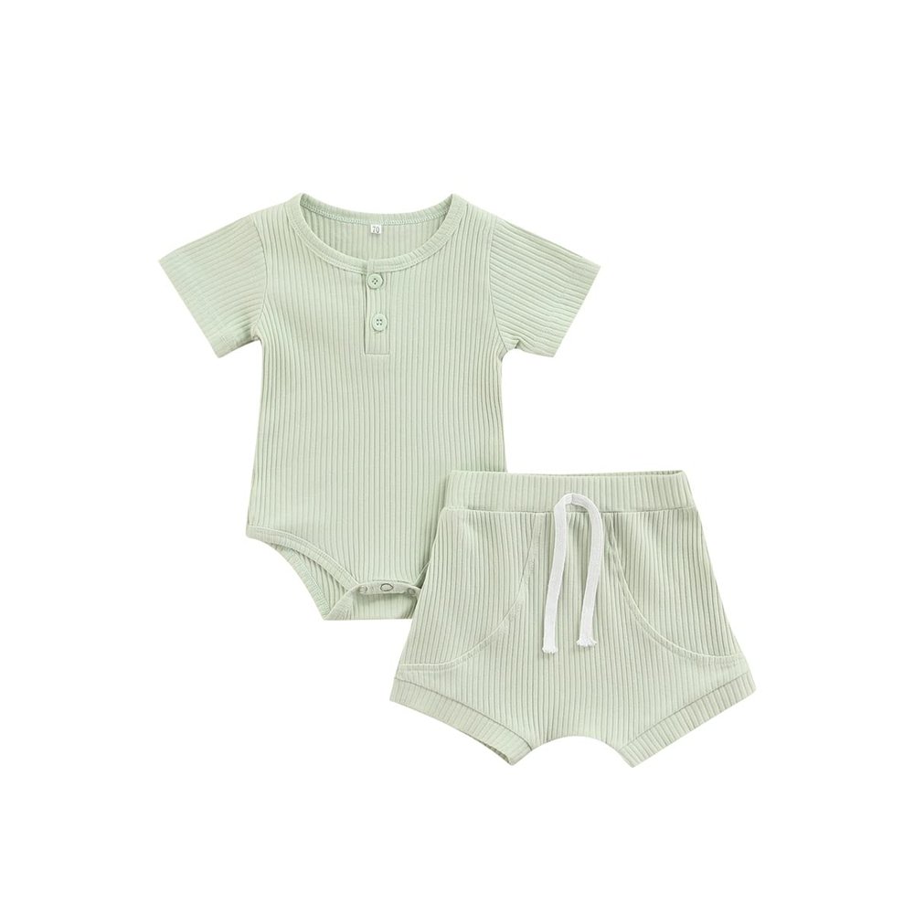 Ayalinggo Newborn Baby Girl Boy Clothes Solid Ribbed Short Sleeve Button Shirt Romper Shorts Set Summer Outfits (Little Green,12-18 Months)