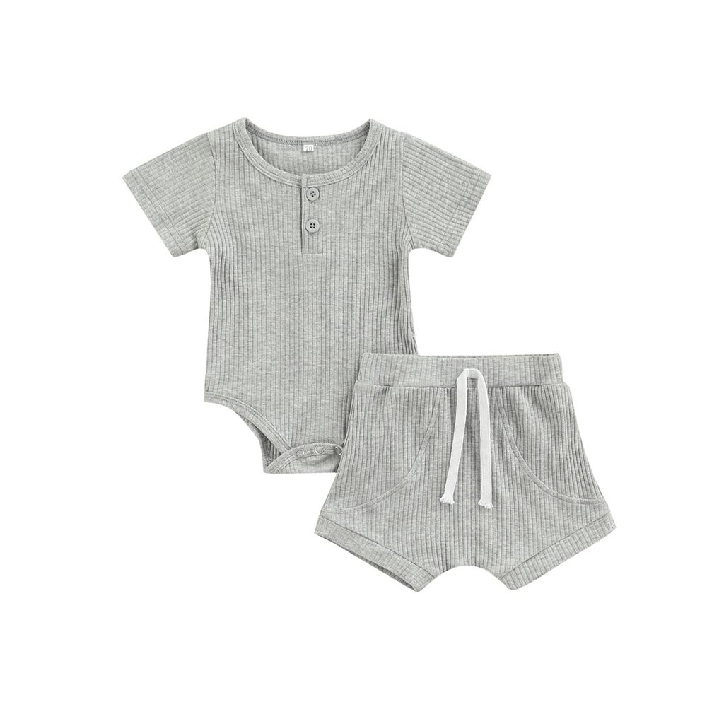 Ayalinggo Newborn Baby Girl Boy Clothes Solid Ribbed Short Sleeve Button Shirt Romper Shorts Set Summer Outfits (Grey,12-18 Months)
