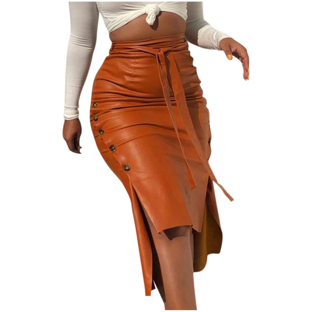 Midi Pencil Skirts for Women's Knee Length Faux Leather Skirts with Belt High Waisted Front Slit Pencil Skirt Khaki