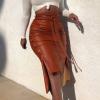 Midi Pencil Skirts for Women's Knee Length Faux Leather Skirts with Belt High Waisted Front Slit Pencil Skirt Khaki view 2