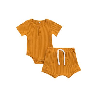 Ayalinggo Newborn Baby Girl Boy Clothes Solid Ribbed Short Sleeve Button Shirt Romper Shorts Set Summer Outfits (Yellow,0-6 Months)