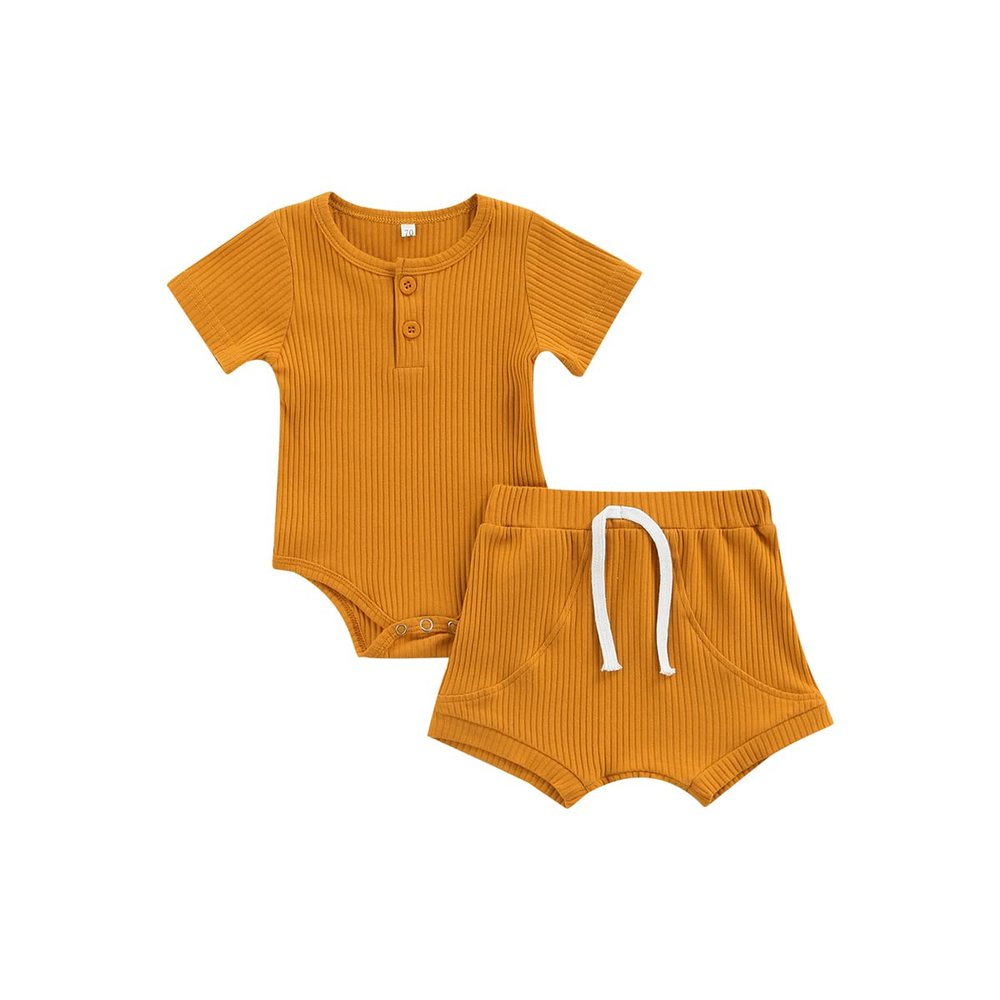 Ayalinggo Newborn Baby Girl Boy Clothes Solid Ribbed Short Sleeve Button Shirt Romper Shorts Set Summer Outfits (Yellow,0-6 Months)