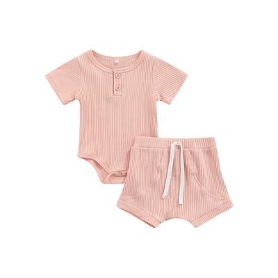 Ayalinggo Newborn Baby Girl Boy Clothes Solid Ribbed Short Sleeve Button Shirt Romper Shorts Set Summer Outfits (Pink,18-24 Months)