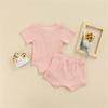 Ayalinggo Newborn Baby Girl Boy Clothes Solid Ribbed Short Sleeve Button Shirt Romper Shorts Set Summer Outfits (Pink,18-24 Months) view 2