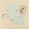 Ayalinggo Newborn Baby Girl Boy Clothes Solid Ribbed Short Sleeve Button Shirt Romper Shorts Set Summer Outfits (Little Green,0-6 Months) view 2