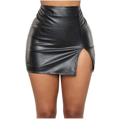 Faux Leather Skirt for Women's Elegant Stretch Skirts Side Split Slit Zipper High Waist Mini Short Skirt Black