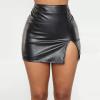 Faux Leather Skirt for Women's Elegant Stretch Skirts Side Split Slit Zipper High Waist Mini Short Skirt Black view 2