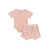 Ayalinggo Newborn Baby Girl Boy Clothes Solid Ribbed Short Sleeve Button Shirt Romper Shorts Set Summer Outfits (Pink,0-6 Months) view 1