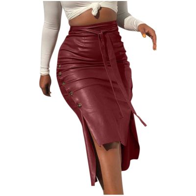 Midi Pencil Skirts for Women's Knee Length Faux Leather Skirts with Belt High Waisted Front Slit Pencil Skirt Wine