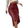 Midi Pencil Skirts for Women's Knee Length Faux Leather Skirts with Belt High Waisted Front Slit Pencil Skirt Wine view 1