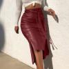 Midi Pencil Skirts for Women's Knee Length Faux Leather Skirts with Belt High Waisted Front Slit Pencil Skirt Wine view 2