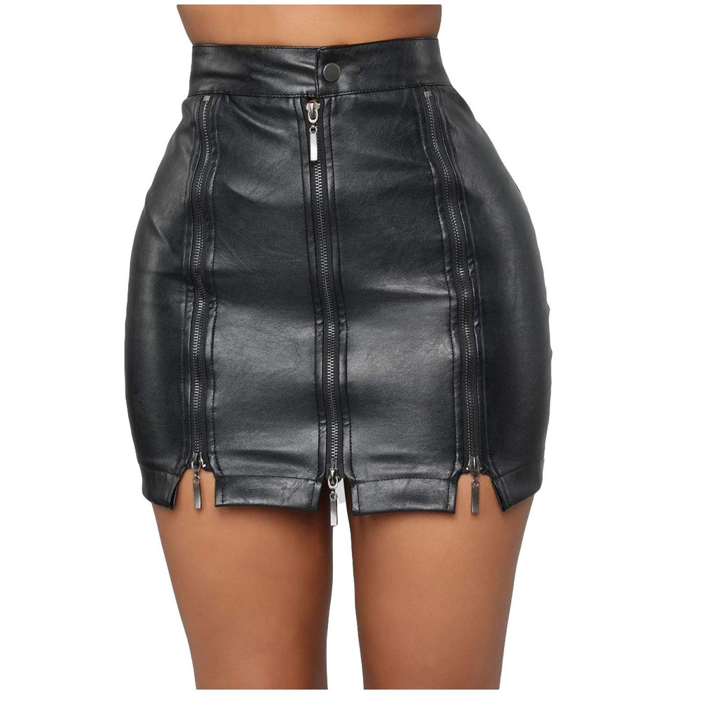 NaRHbrg Faux Leather Bodycon Slim Mini Pencil Skirt for Women Zip High-Waist Skirts Ladies Solid Button Short Skirts Black