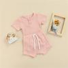 Ayalinggo Newborn Baby Girl Boy Clothes Solid Ribbed Short Sleeve Button Shirt Romper Shorts Set Summer Outfits (Pink,6-12 Months) view 3