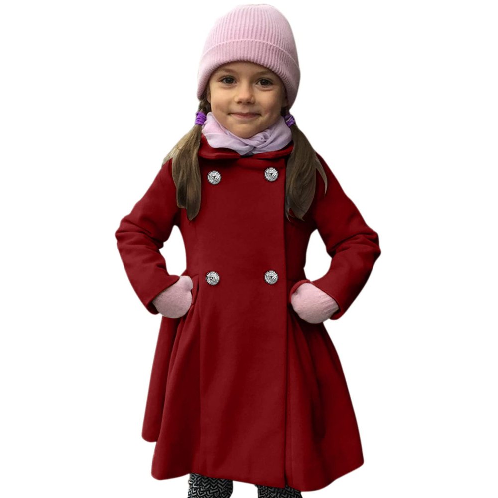 Ikevan Kids Baby Girls Pea Coat Jacket Warm Jacket Winter Simple Breasted Trench Coat Outwear Wool Blend Coat for 18M-6T (Wine, 18-24 Months)