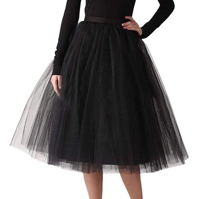Tea Length Skirt for Women Tulle Skirt High Waist Formal Skirts Midi Skirt Tutu for Wedding Party Gown Prom Evening Black