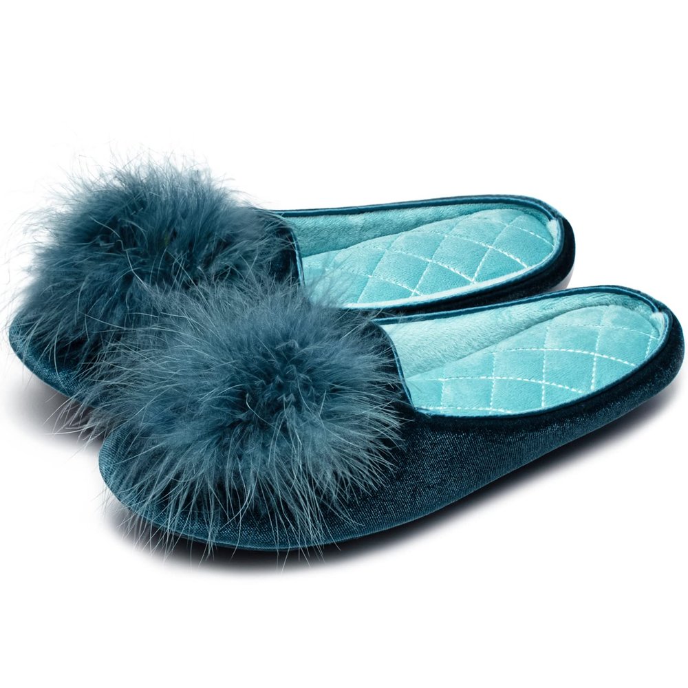 GRITHEIM Women's Fuzzy Pom Pom Feather Velvet House Slippers Sexy Cozy Bedroom Slippers for Ladies Non-slip Sole Indoor Outdoor Turquoise 7-8