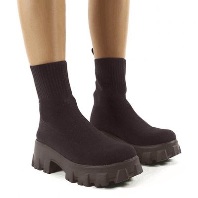 Bcshiye Women's Knit Chunky Heel Sock Boots Round Toe Mid-Calf Booties Chunky Heeled Breathable Slip On Ankle Booties