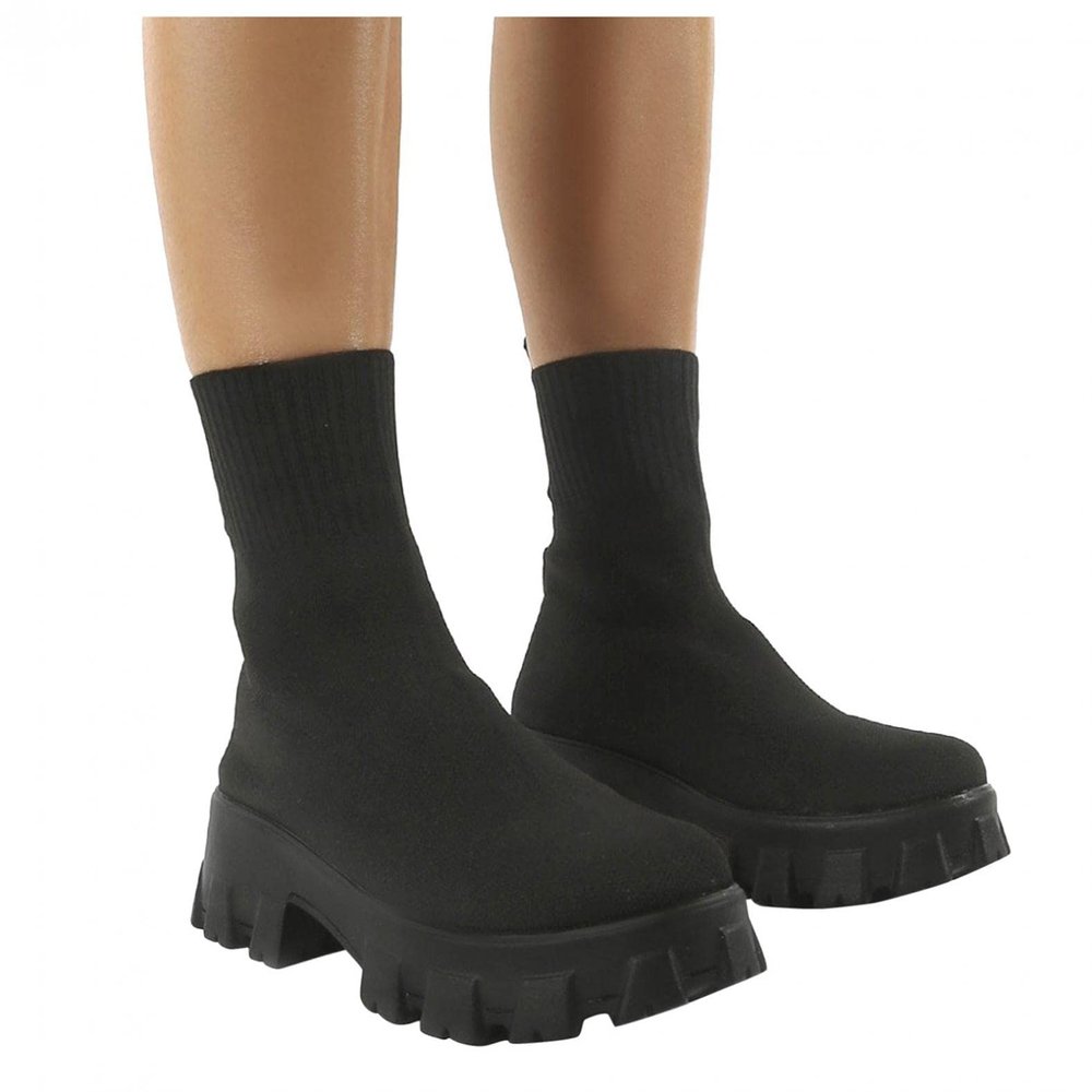 Bcshiye Women's Knit Chunky Heel Sock Boots Round Toe Mid-Calf Booties Chunky Heeled Breathable Slip On Ankle Booties