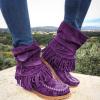Bcshiye Tassel Boots for Women Moccasin Suede Ankle Booties Winter Round Toe Vintage Buckle Strap Mid-Calf Flat Shoes view 2
