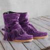 Bcshiye Tassel Boots for Women Moccasin Suede Ankle Booties Winter Round Toe Vintage Buckle Strap Mid-Calf Flat Shoes view 3
