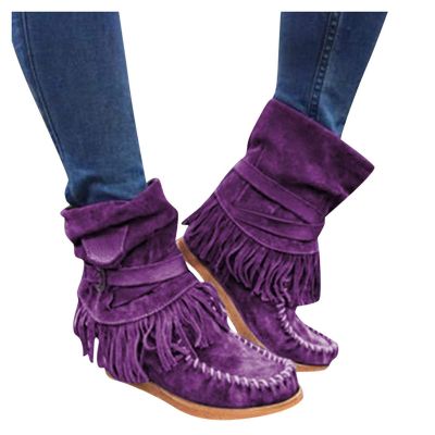 Bcshiye Tassel Boots for Women Moccasin Suede Ankle Booties Winter Round Toe Vintage Buckle Strap Mid-Calf Flat Shoes