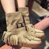 Bcshiye Tassel Boots for Women Moccasin Suede Ankle Booties Winter Round Toe Vintage Buckle Strap Mid-Calf Flat Shoes view 3