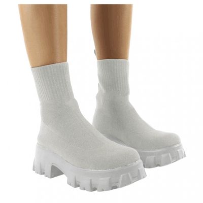 Bcshiye Women's Knit Chunky Heel Sock Boots Round Toe Mid-Calf Booties Chunky Heeled Breathable Slip On Ankle Booties