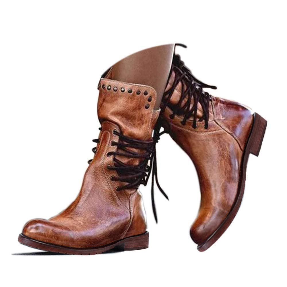 Bcshiye Womens Mid Calf Winter Slouchy Chunky Low Heel Block Heel Faux Leather Comfort Riding Booties with Buckle