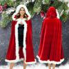 tuduoms Women Christmas Mrs Santa Claus Cloak Xmas Velvet Hooded Cape Costumes Cappa Cloak Cape Christmas Robe Red view 2