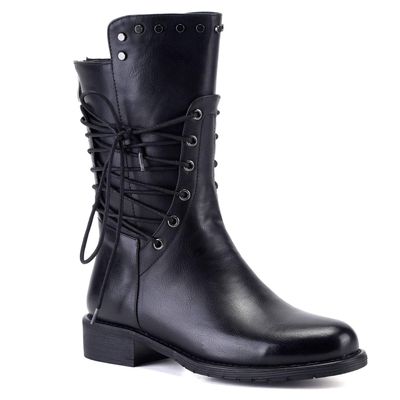 Bcshiye Womens Mid Calf Winter Slouchy Chunky Low Heel Block Heel Faux Leather Comfort Riding Booties with Buckle