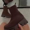 Bcshiye Women's Knit Chunky Heel Sock Boots Round Toe Mid-Calf Booties Chunky Heeled Breathable Slip On Ankle Booties view 3