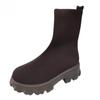 Bcshiye Women's Knit Chunky Heel Sock Boots Round Toe Mid-Calf Booties Chunky Heeled Breathable Slip On Ankle Booties view 4