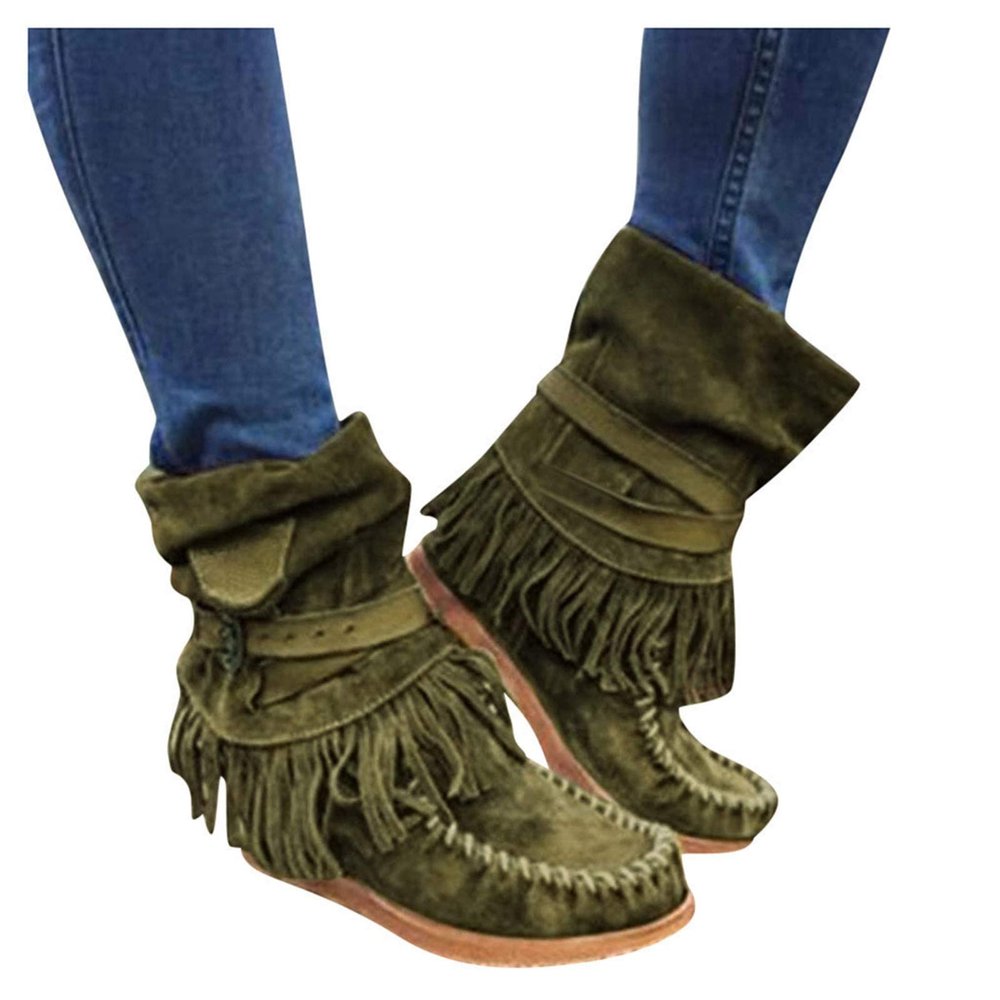 Bcshiye Tassel Boots for Women Moccasin Suede Ankle Booties Winter Round Toe Vintage Buckle Strap Mid-Calf Flat Shoes