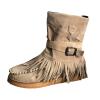 Bcshiye Tassel Boots for Women Moccasin Suede Ankle Booties Winter Round Toe Vintage Buckle Strap Mid-Calf Flat Shoes view 2