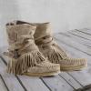 Bcshiye Tassel Boots for Women Moccasin Suede Ankle Booties Winter Round Toe Vintage Buckle Strap Mid-Calf Flat Shoes view 4