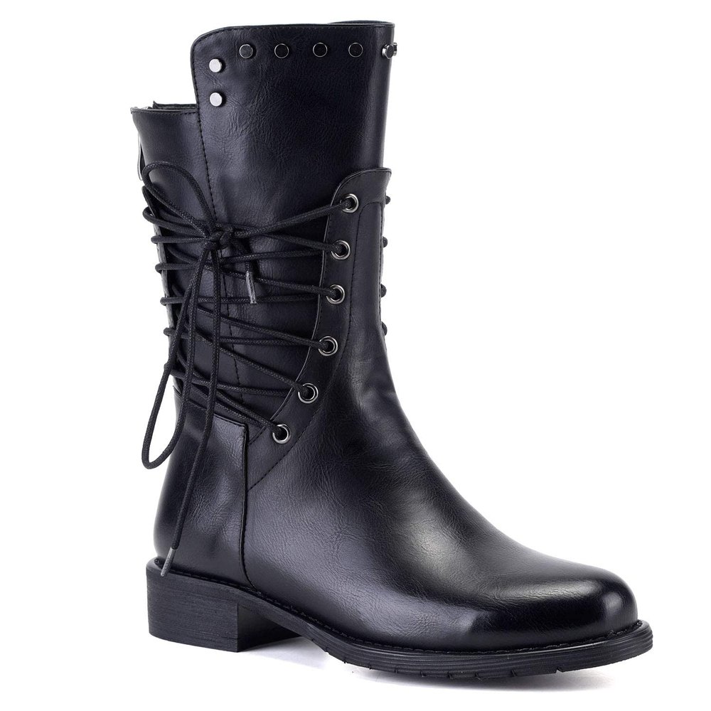 Bcshiye Womens Mid Calf Winter Slouchy Chunky Low Heel Block Heel Faux Leather Comfort Riding Booties with Buckle