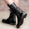 Bcshiye Womens Mid Calf Winter Slouchy Chunky Low Heel Block Heel Faux Leather Comfort Riding Booties with Buckle view 3