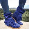 Bcshiye Tassel Boots for Women Moccasin Suede Ankle Booties Winter Round Toe Vintage Buckle Strap Mid-Calf Flat Shoes view 2
