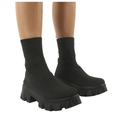 Bcshiye Women's Knit Chunky Heel Sock Boots Round Toe Mid-Calf Booties Chunky Heeled Breathable Slip On Ankle Booties