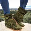 Bcshiye Tassel Boots for Women Moccasin Suede Ankle Booties Winter Round Toe Vintage Buckle Strap Mid-Calf Flat Shoes view 3