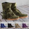 Bcshiye Tassel Boots for Women Moccasin Suede Ankle Booties Winter Round Toe Vintage Buckle Strap Mid-Calf Flat Shoes view 2